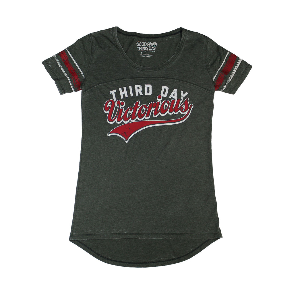 third day victorious baseball tee ladies grey red